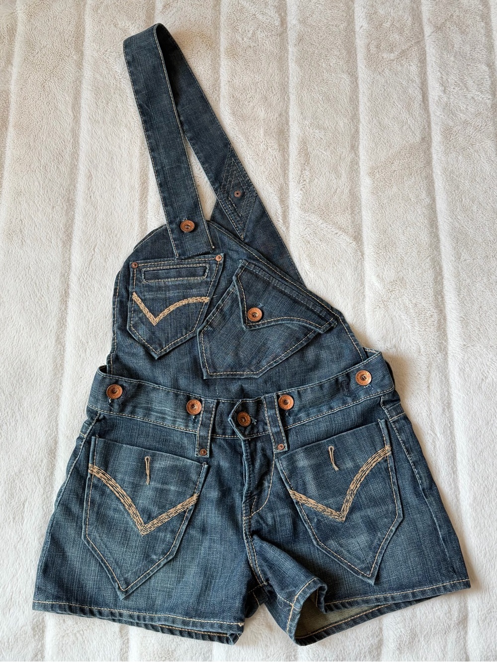 Vintage Y2K Asymmetric Short Overalls Dark Wash Size 27